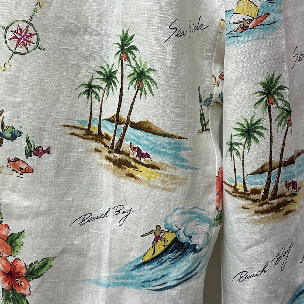 Vintage Hot Cotton Marc Ware Womens S Beach Island Surf Print White Linen Pant - Picture 3 of 14